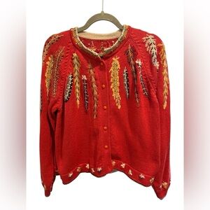 VTG Christine Foley Red Feather Embroidered Knit cotton 90s Button Up Cardigan M